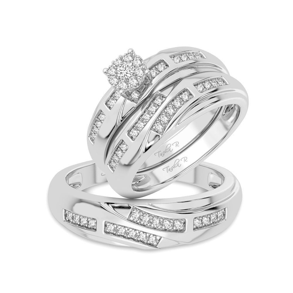 14k White Gold 0.25CT Diamond Trio Wedding Ring Set for Her