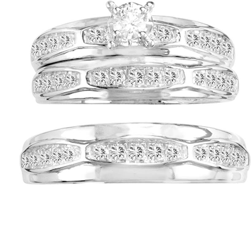 14k White Gold 0.75CT Lab Diamond Trio Wedding Ring Set