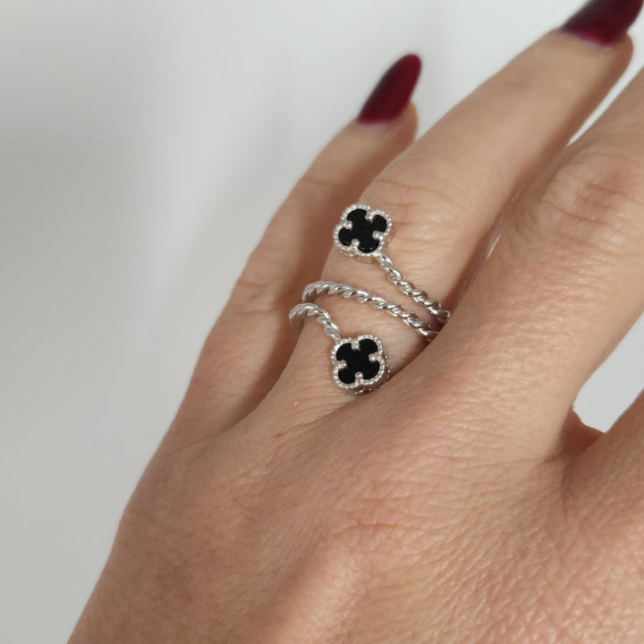 Elegant Silver Double Onyx Clover Adjustable Ring