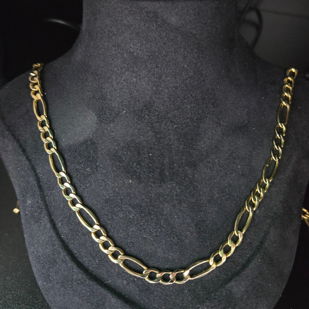 14K Yellow Gold Figaro Chain Necklace 26 Inch 16.2 Grams Lobster Clasp Italy