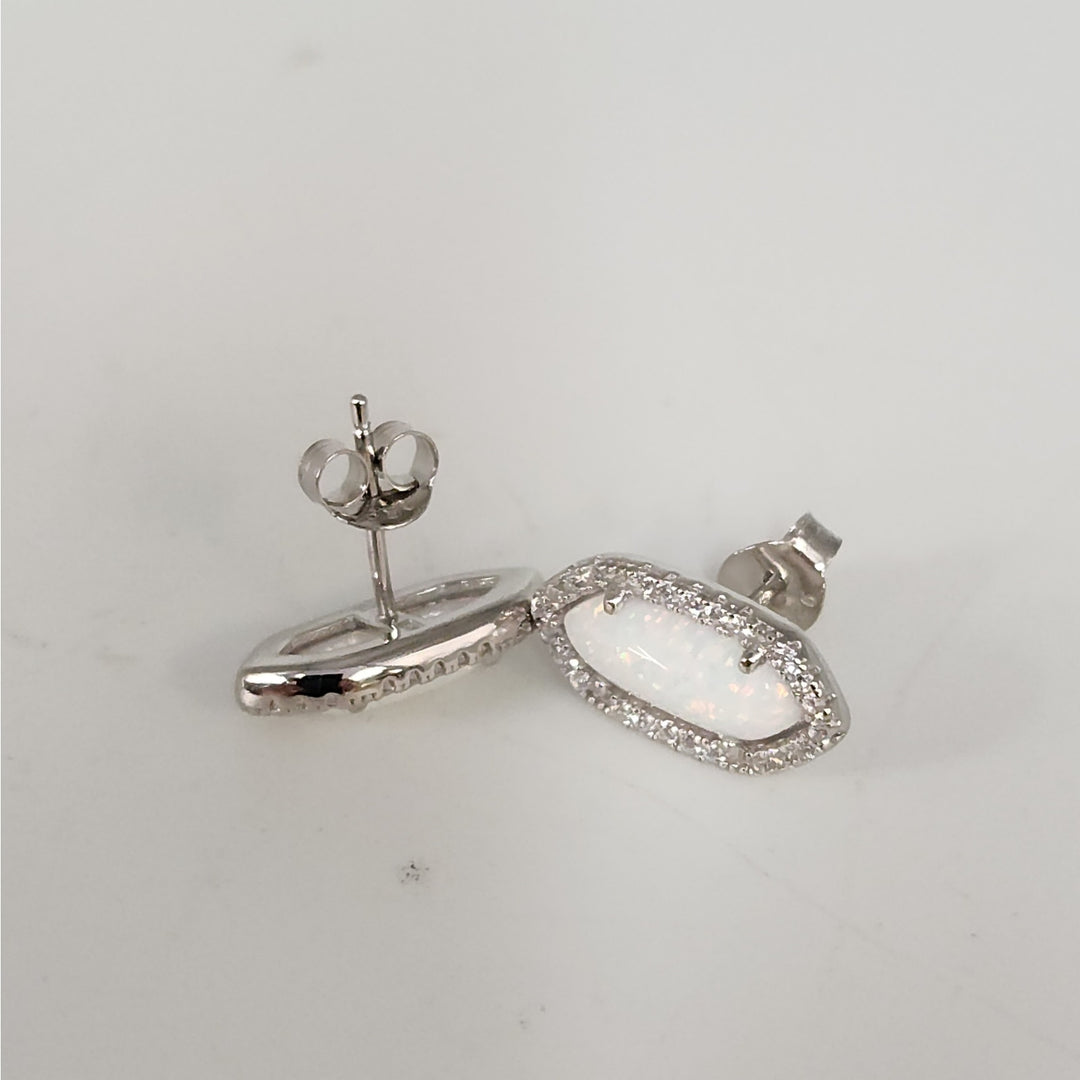 925 Sterling Silver simulated Opal & CZ jewelry set Necklace & Matching Earrings