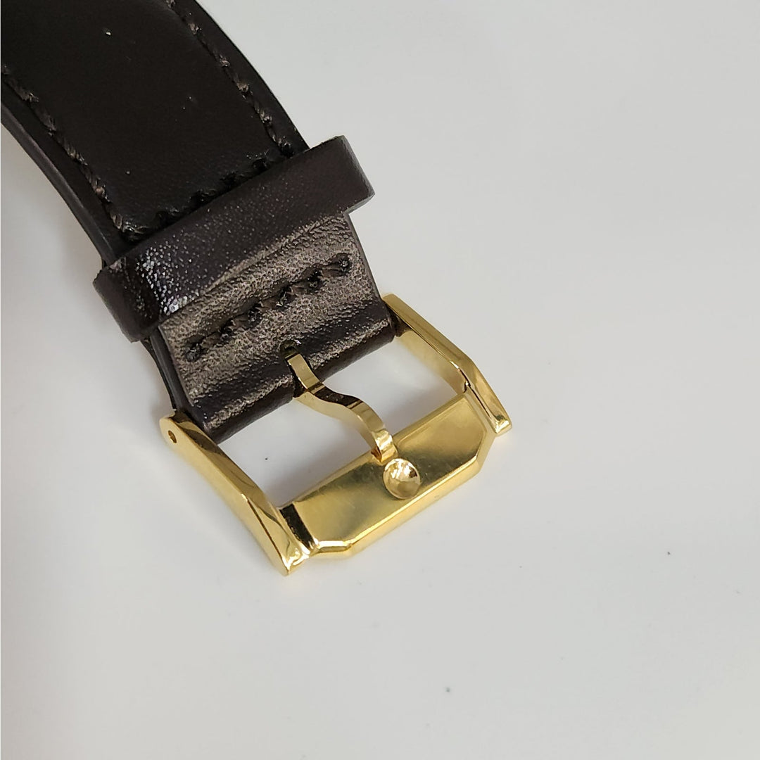 Movado Museum Classic Swiss Made Watch Blue Dial Gold -Tone Case, Brown Leather Strap Box & Tag