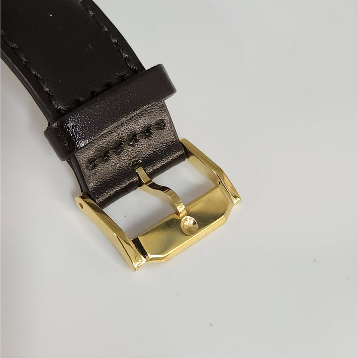 Movado Museum Classic Swiss Made Watch Blue Dial Gold -Tone Case, Brown Leather Strap Box & Tag