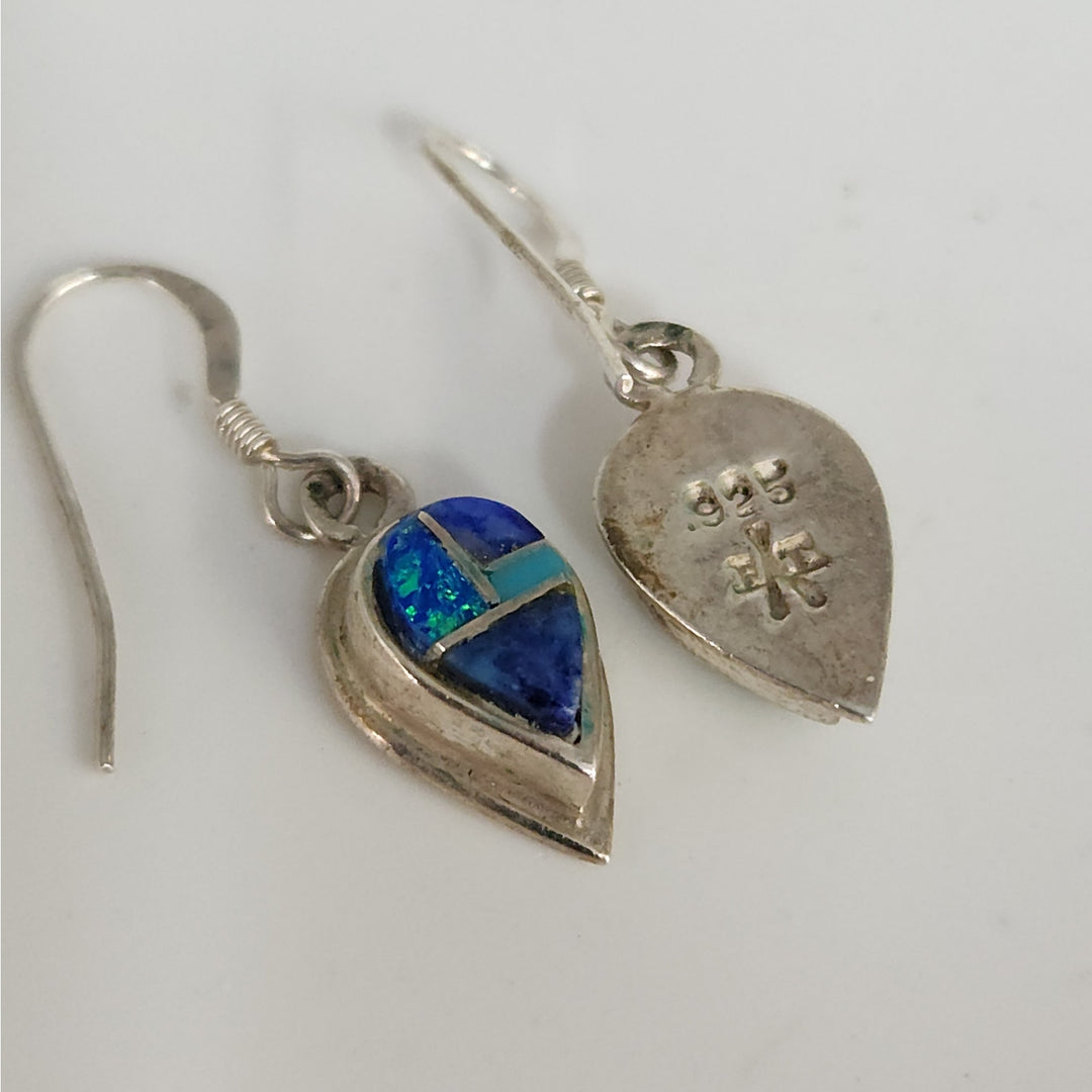Vintage 925 Sterling Silver Blue Opal Turquoise Lapis Teardrop Dangle Earrings