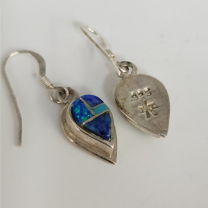 Vintage 925 Sterling Silver Blue Opal Turquoise Lapis Teardrop Dangle Earrings