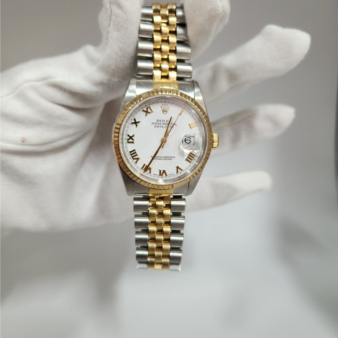Rolex Datejust 36MM 16233 Two-Tone 18K Yellow Gold & SS Jubilee White Roman Dial
