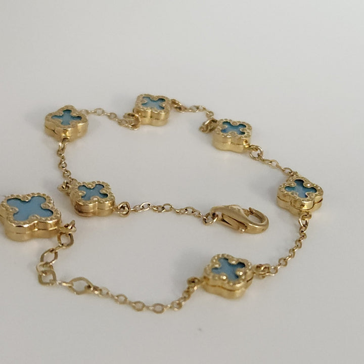 14k Yellow Gold Fashion Blue Flowers Bracelet 7.5"