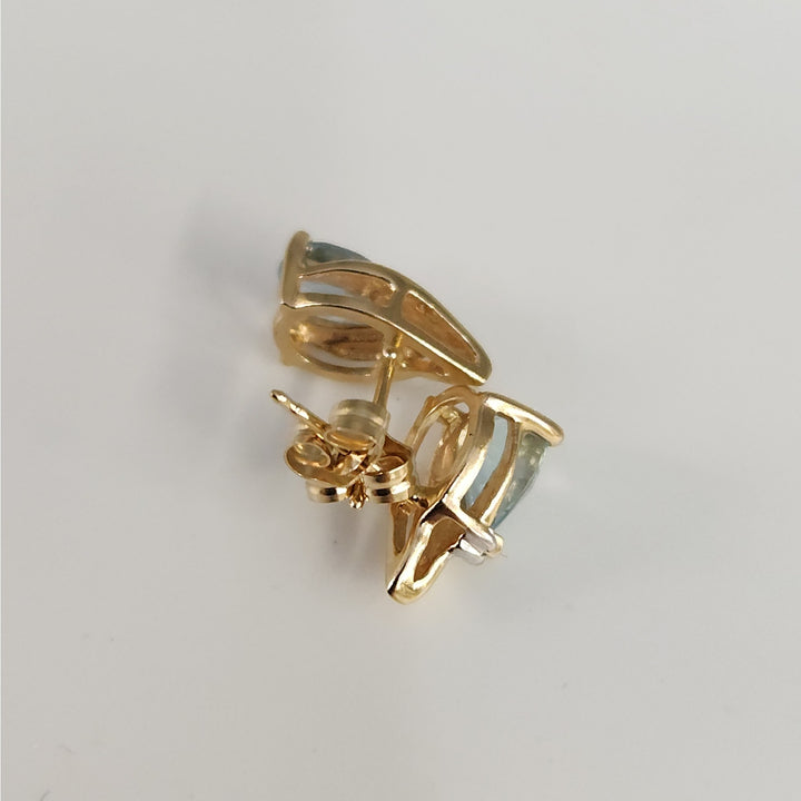 Vintage 14K Gold Natural Aquamarine & Diamond Pear -Cut Stud Earrings