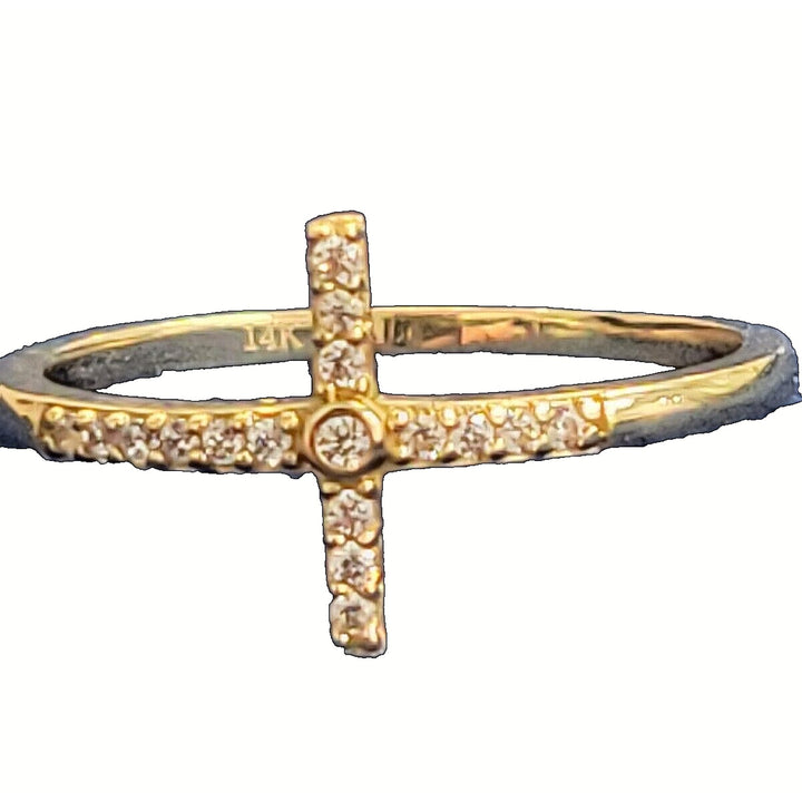 14k Gold Beaded Sideways Cross Ring