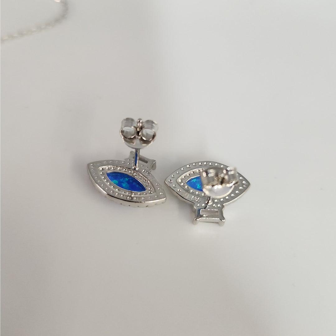 925 Sterling Silver Blue Opal & CZ jewelry set Necklace & Matching Earrings