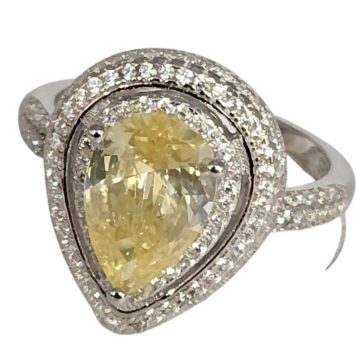 925 sterling silver Pear cut Yellow stone & zirconia Halo  Ring size 9