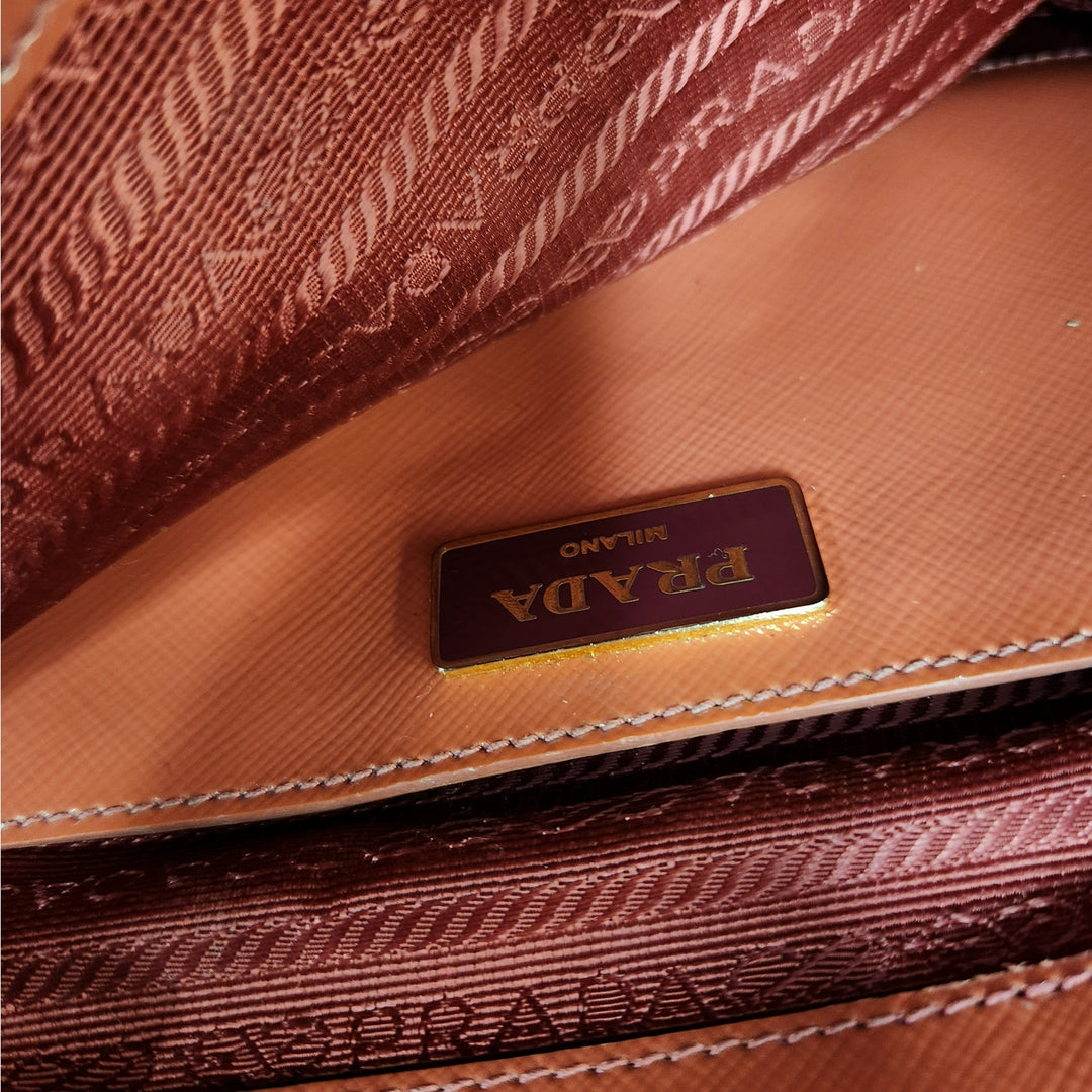 Authentic Prada Orange Saffiano Vernic Handbag w/ Gold Hardware & Shoulder Strap