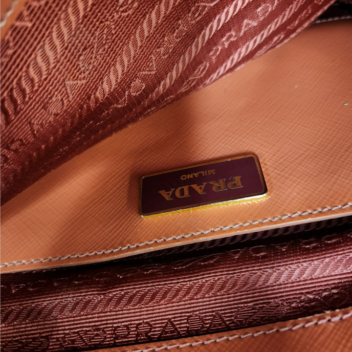 Authentic Prada Orange Saffiano Vernic Handbag w/ Gold Hardware & Shoulder Strap