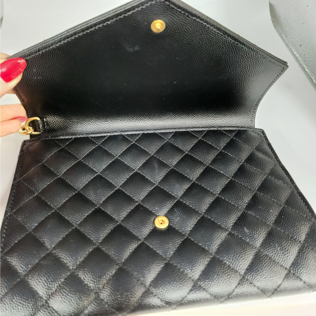 Saint Lauren YSL Black Quilted Envelope Wallet /Crossbody Bag W/ Gold Hardware