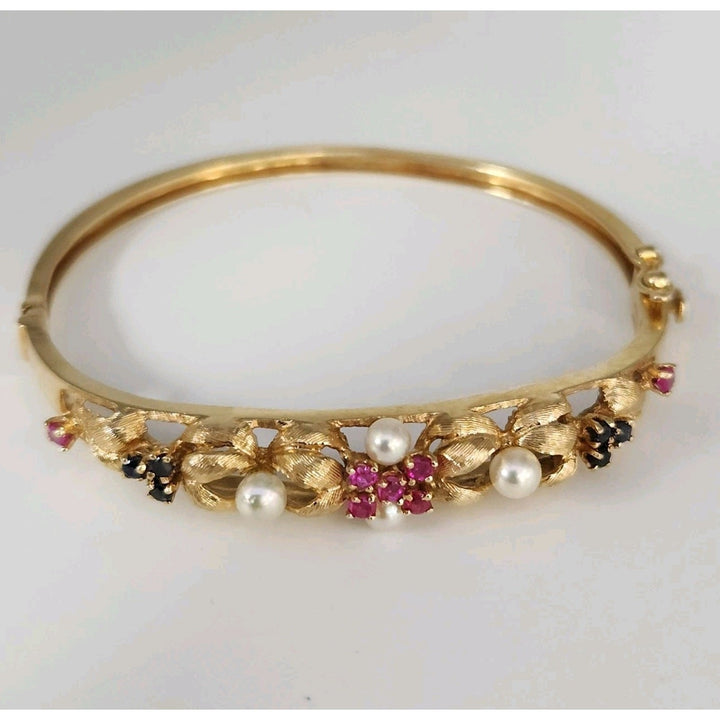 Set Of Antique 14k Yellow Gold Diamond,Pearls,Ruby &Sapphire Bangle Bracelets