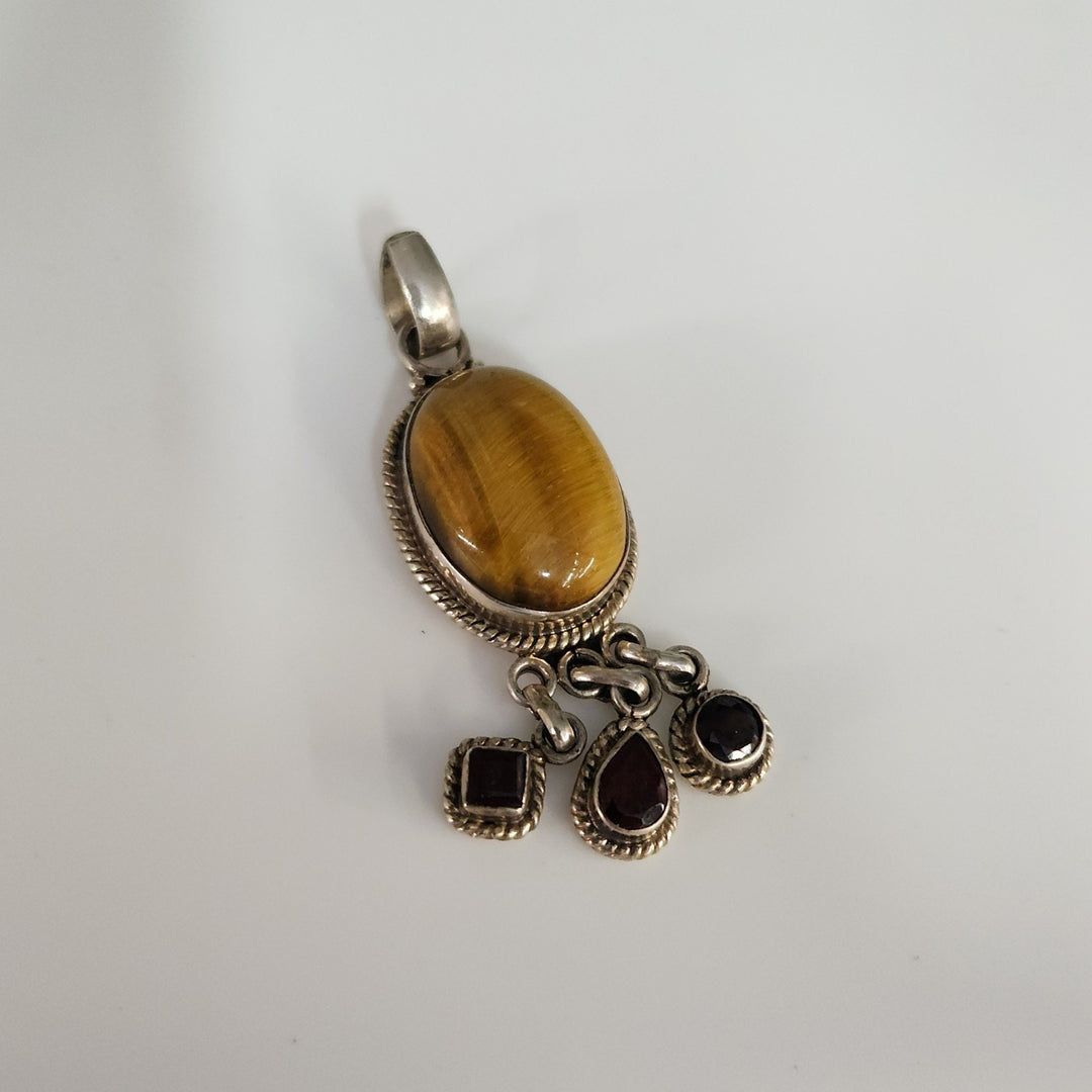 Vintage 925 Silver Golden Tiger's Eye Boho & Natural Garnet Dangle Pendant