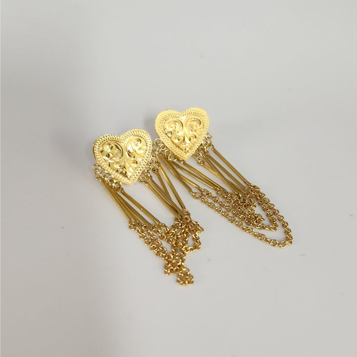 Vintage 18k Yellow Gold Heart Tassel Dangle Earrings