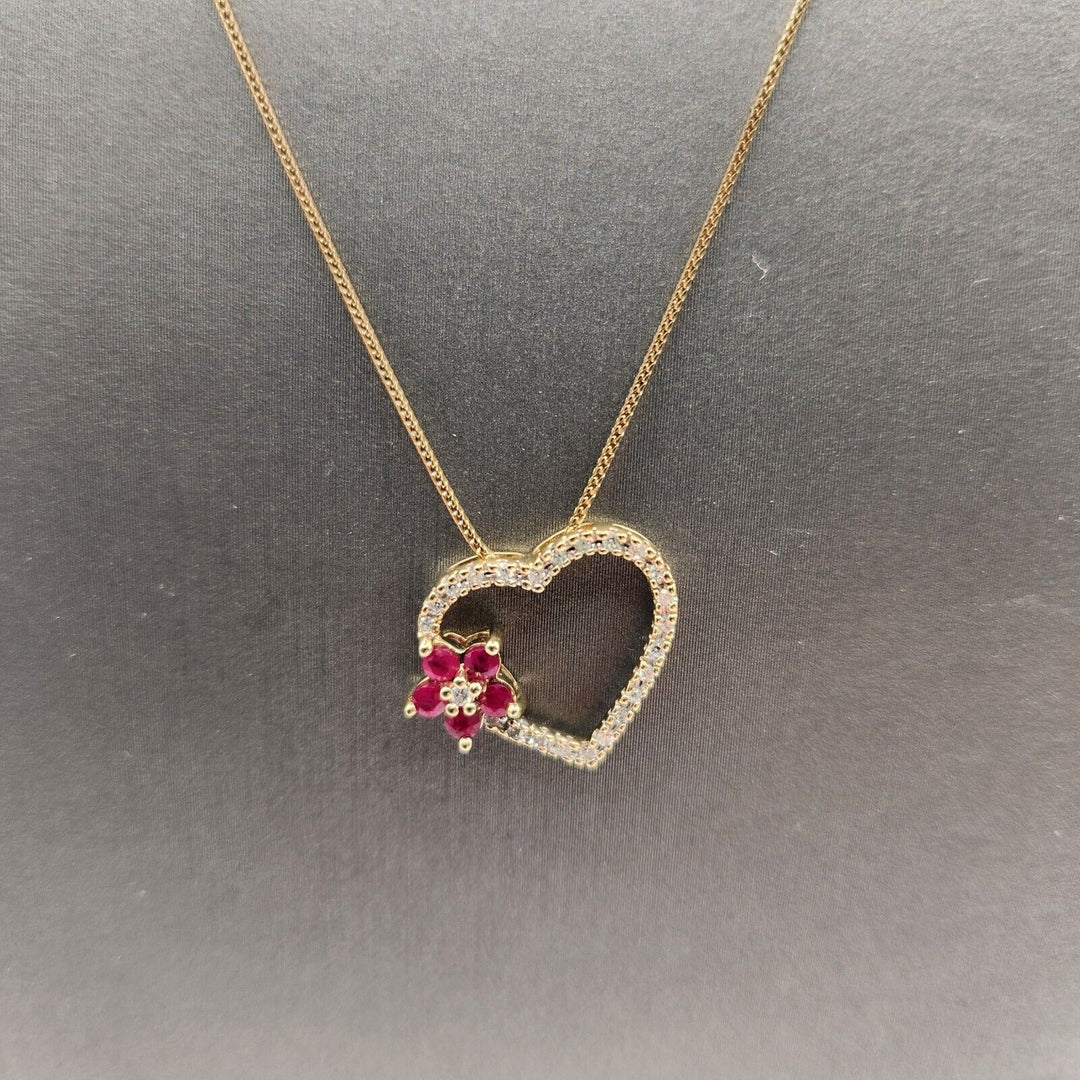 10k Yellow Gold Ruby & Diamond Pendant Necklace 18"