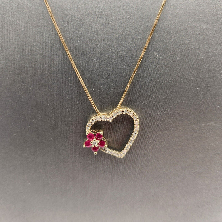 10k Yellow Gold Ruby & Diamond Pendant Necklace 18"