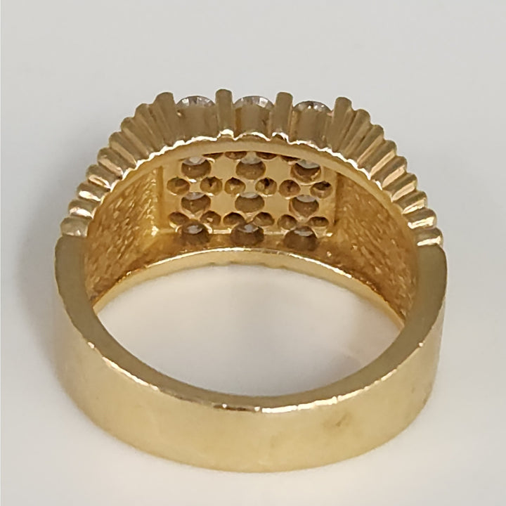 14k Yellow Gold Diamond Wide Ribbed Band Ring Multi Row Round Diamonds Ring
