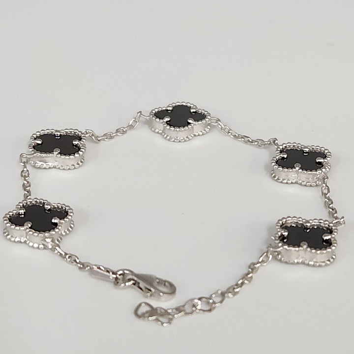 Fashion Silver Onyx Floral Clover Bracelet 8"