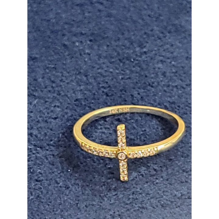 14k Gold Beaded Sideways Cross Ring