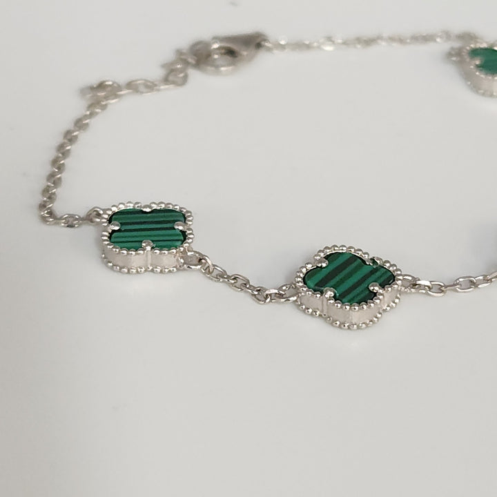 Fashion 925 Silver Malachite Clover Bracelets 8"