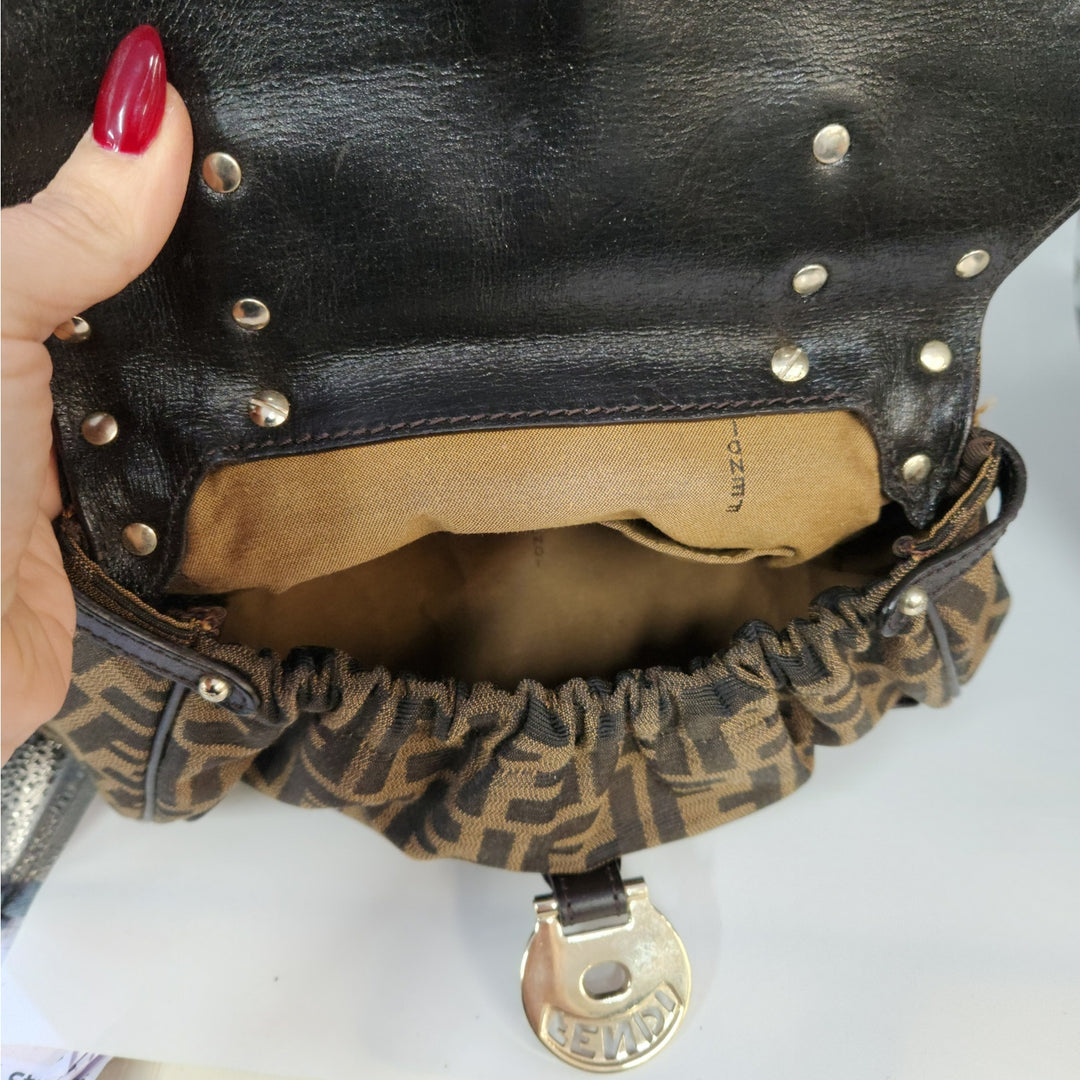 Vintage Fendi Zucca Monogram Top Handle HandBag With Gold Tone Turn Lock