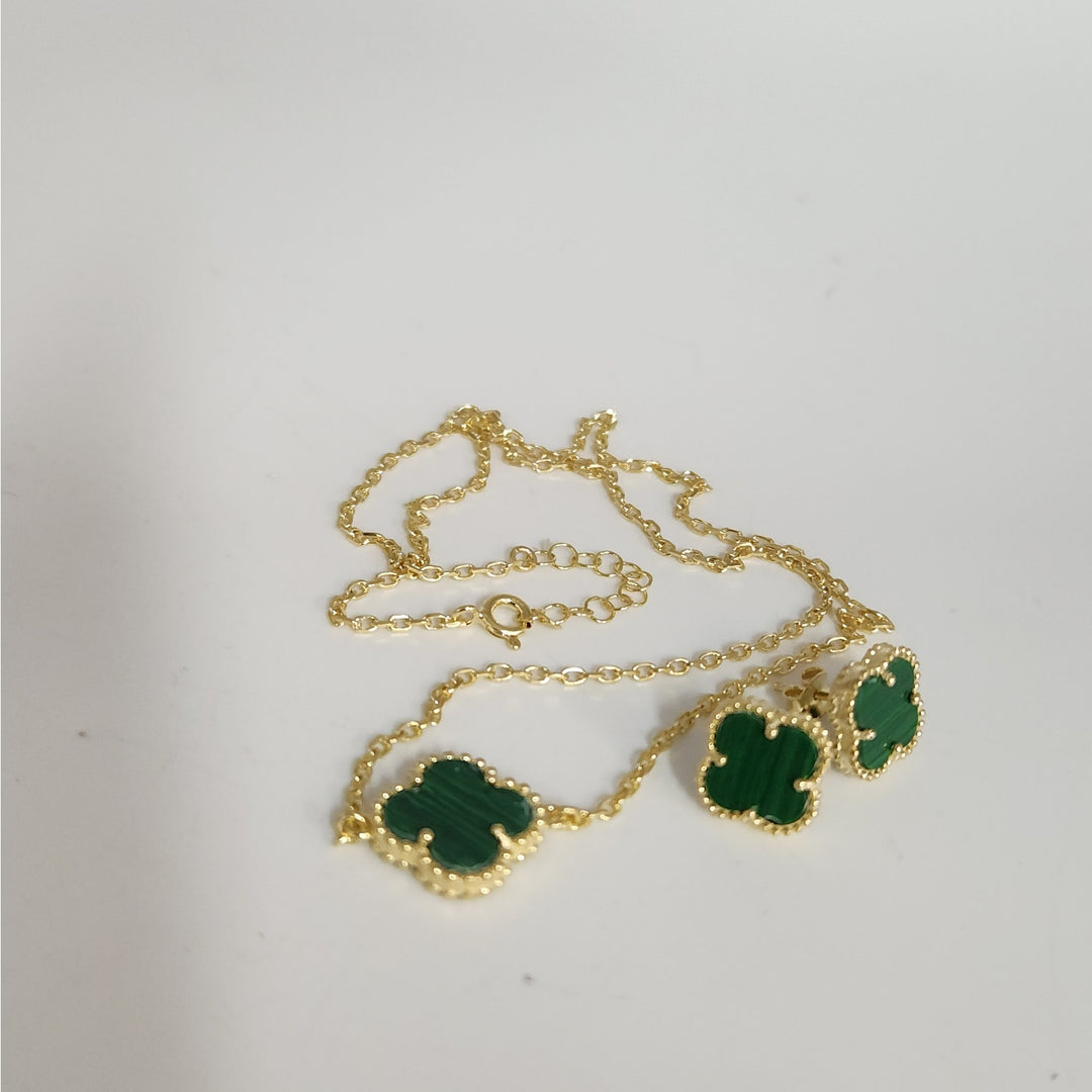 925 Silver Malachite Flowers Jewelry Set With Gold Tone Necklace And Earrings