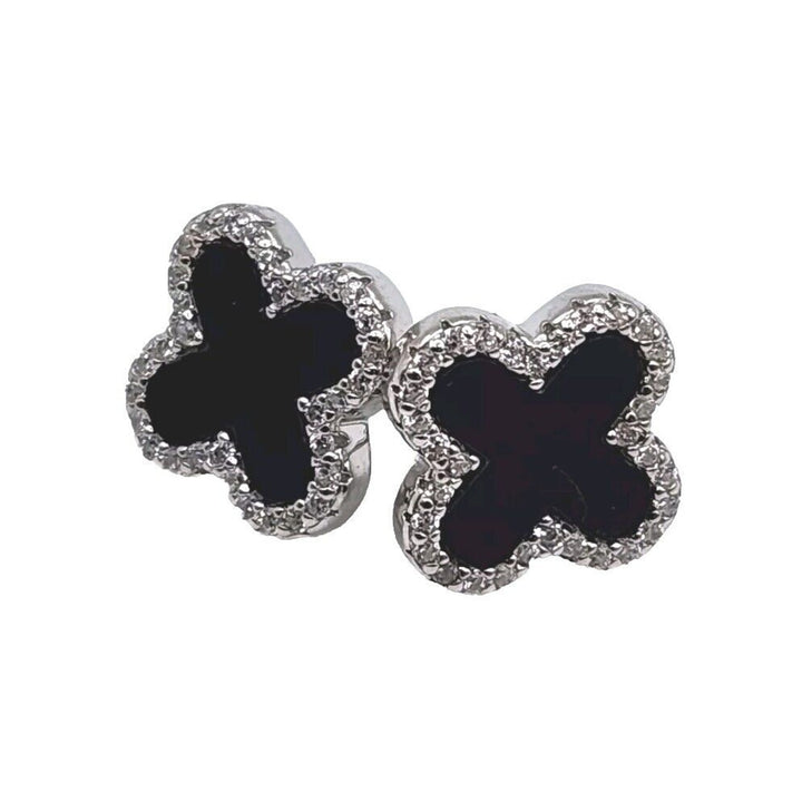 925 Sterling Silver Onyx Zirconia Flowers Stud Earrings B