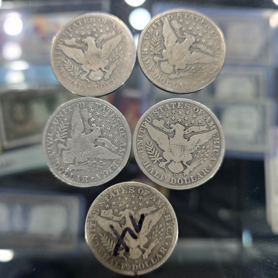 Lot of 5 Barber Half Dollars 90% Silver 1900 1902 1904 1906 1913