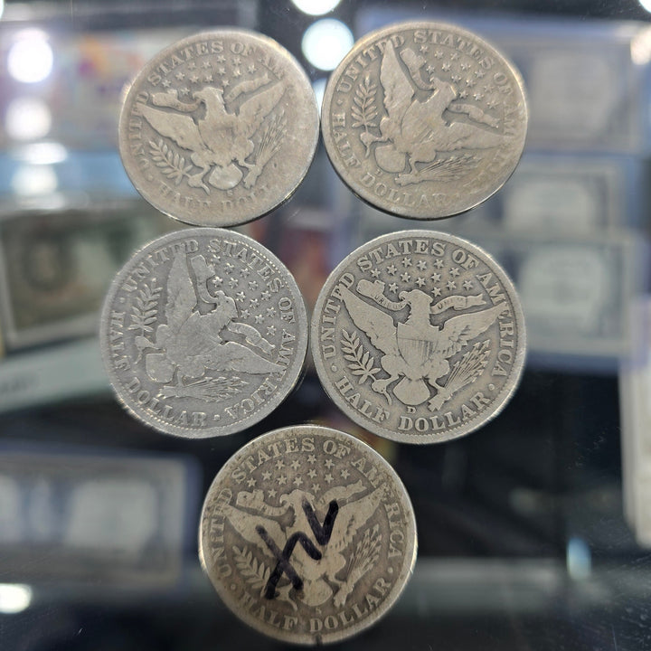 Lot of 5 Barber Half Dollars 90% Silver 1900 1902 1904 1906 1913