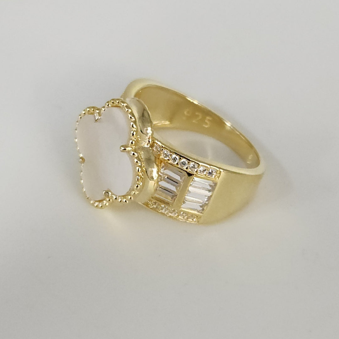 Gold Plated 925 Silver Clover Ring With White Mother Of Pearl Style Stone And...