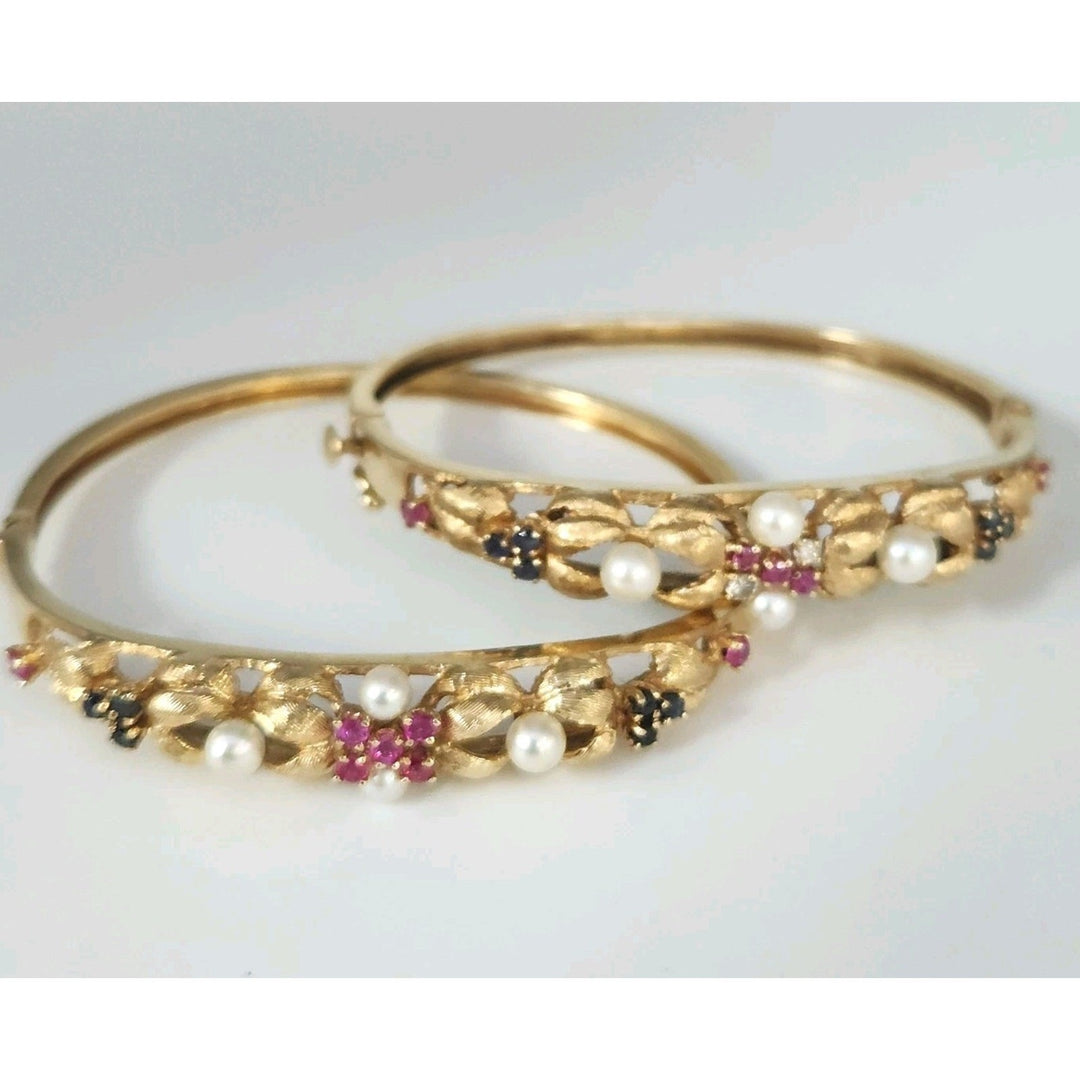 Set Of Antique 14k Yellow Gold Diamond,Pearls,Ruby &Sapphire Bangle Bracelets