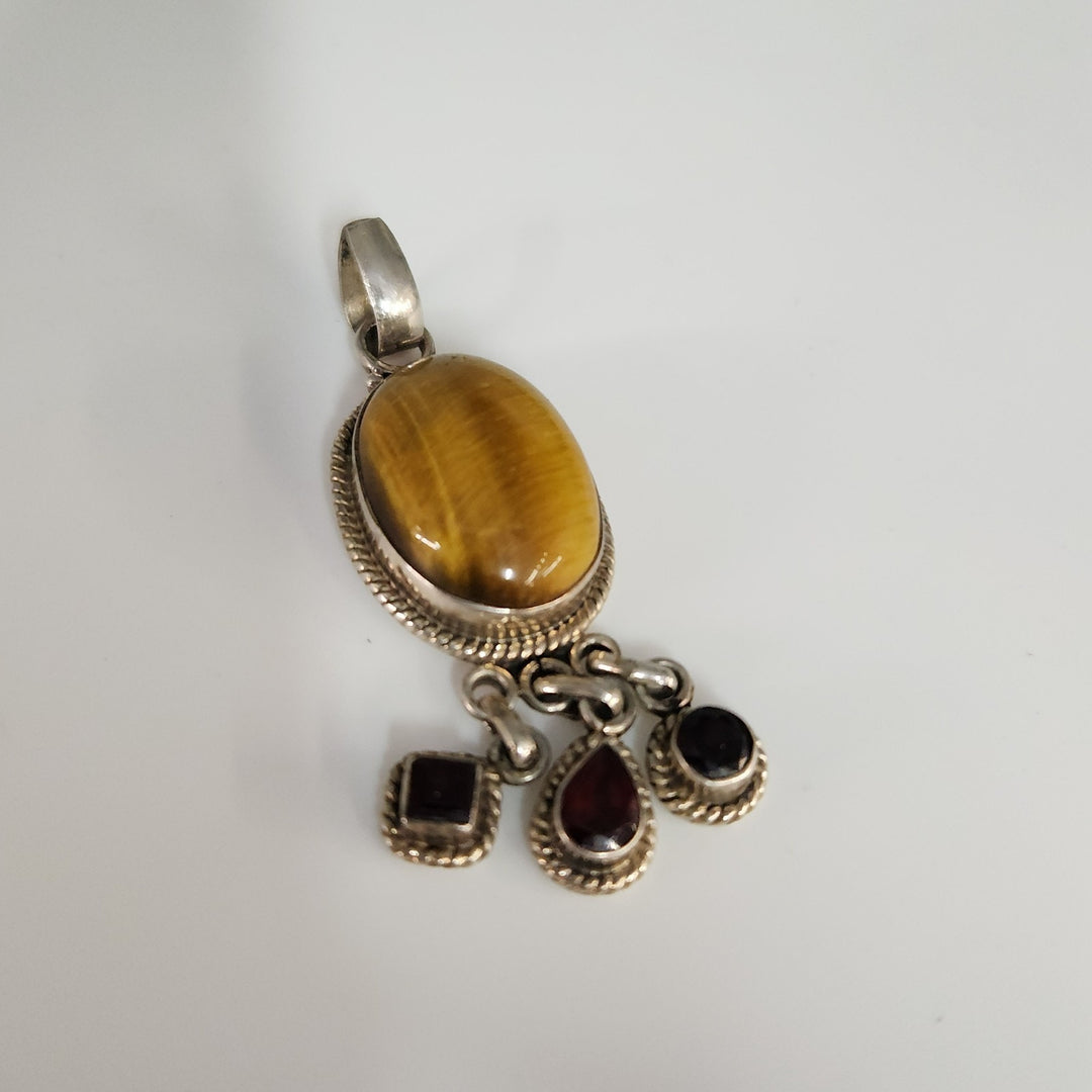 Vintage 925 Silver Golden Tiger's Eye Boho & Natural Garnet Dangle Pendant
