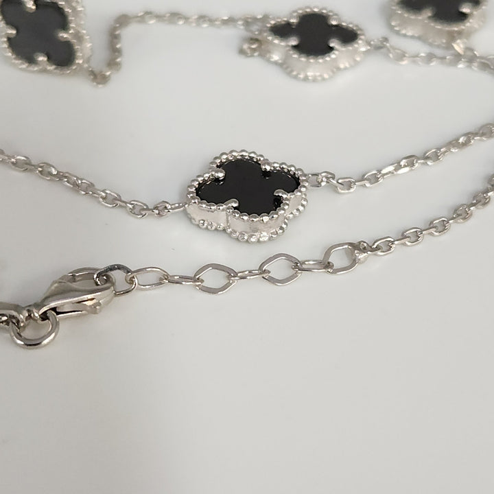 Fashion Silver Onyx Clover Motifs Necklace 22.5"