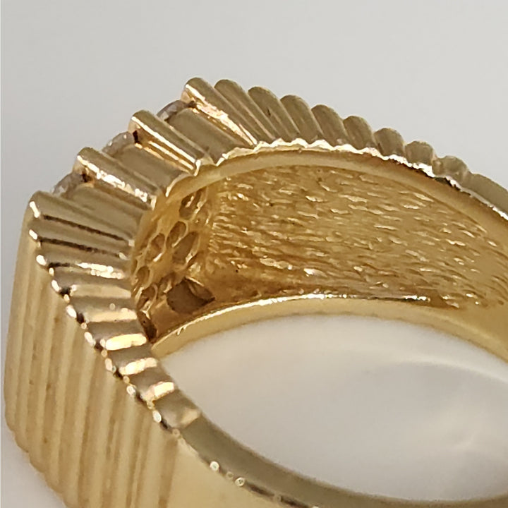14k Yellow Gold Diamond Wide Ribbed Band Ring Multi Row Round Diamonds Ring
