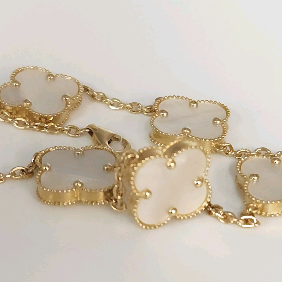 14k Yellow Gold Fashion Mother Of Pearl Flowers Bracelet 7.5"