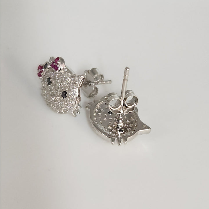 925 Sterling Silver Hello Kitty Style Earrings W/ CZ & Ruby Accent Sparkle Studs