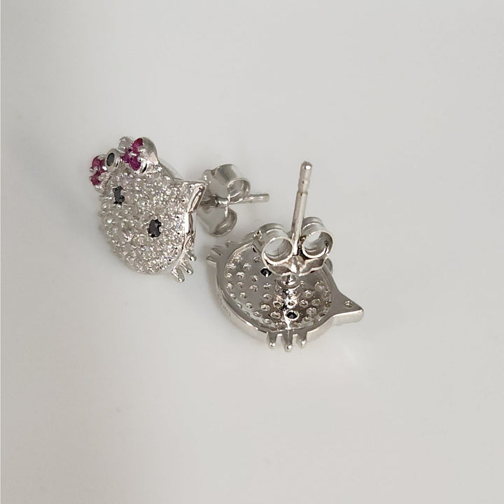 925 Sterling Silver Hello Kitty Style Earrings W/ CZ & Ruby Accent Sparkle Studs