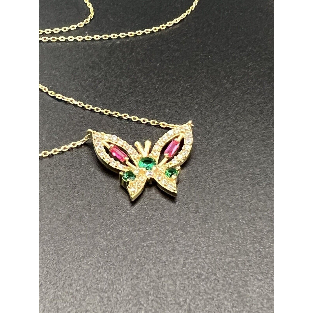 14k Gold Butterfly Multi Colored Gemstone 18in Necklace