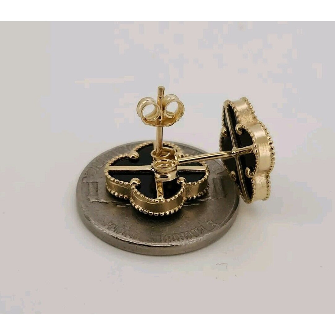 14k Yellow Gold Onyx Clover Flower Stud Earrings