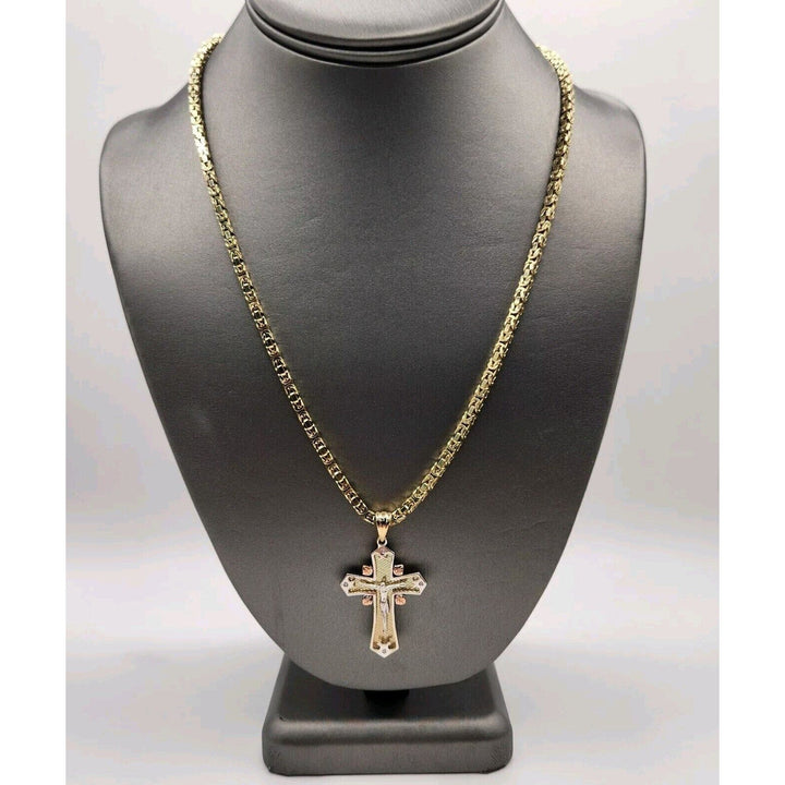 14k Yellow Gold Two Tone Cross Pendant Solid Turkish Chain Necklace 21"