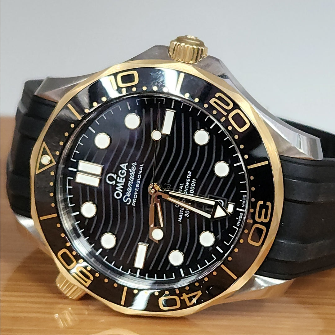 Omega Seamaster Diver 300M 42mm Sedna 18k Gold & Steel Ceramic Dial Box & Papers