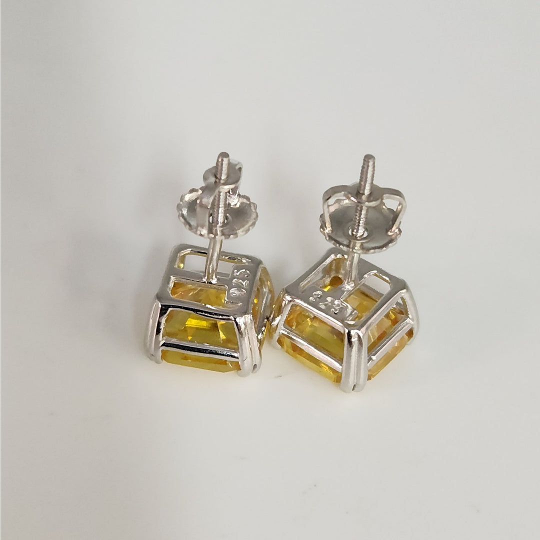 925 Sterling Silver Yellow Asscher Cut CZ stud Earrings