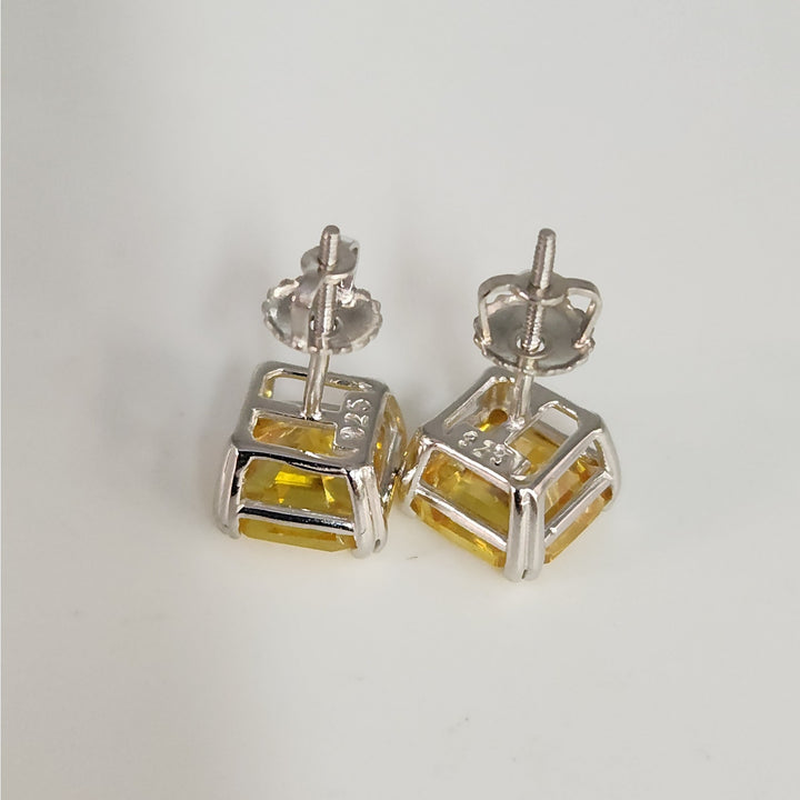 925 Sterling Silver Yellow Asscher Cut CZ stud Earrings