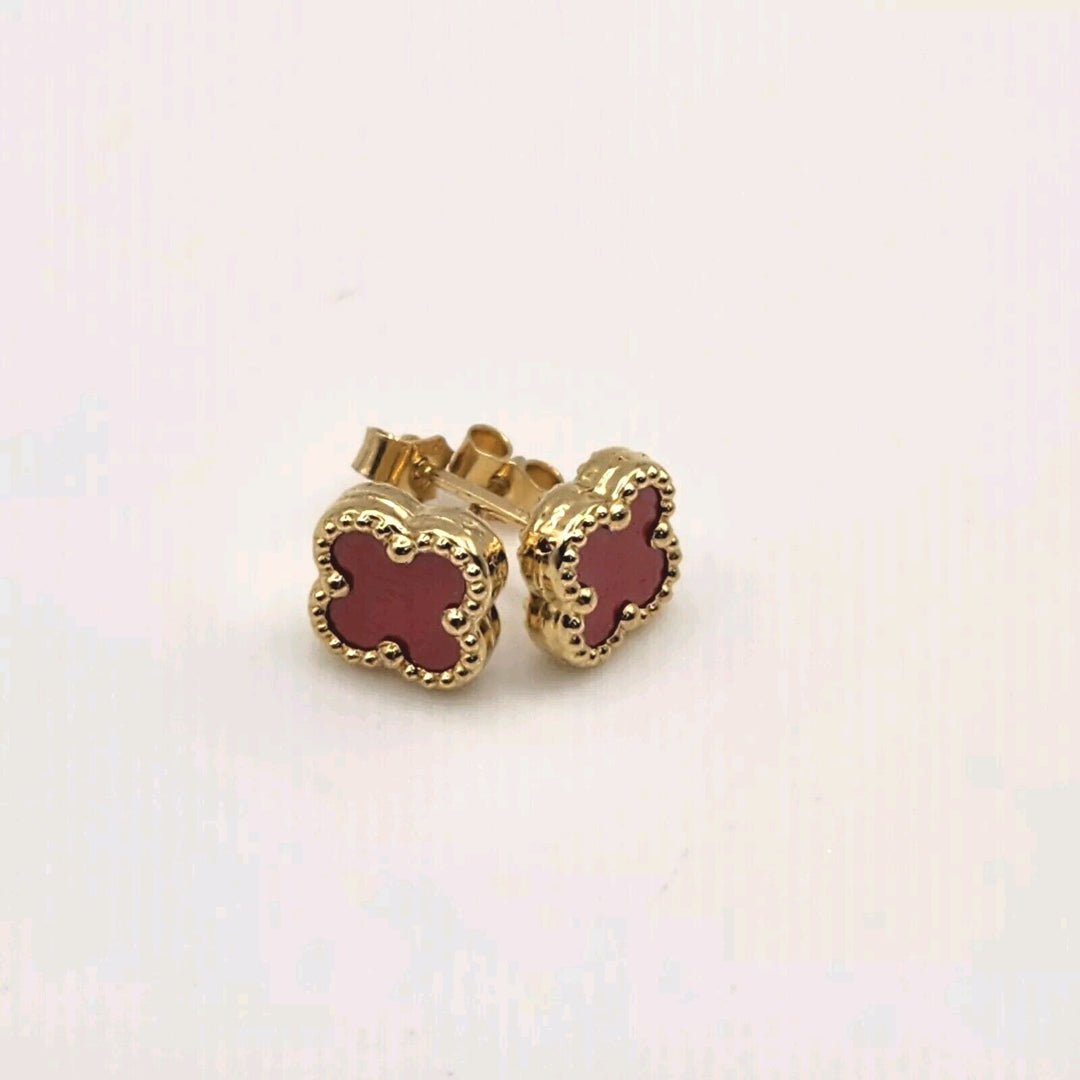 14k Yellow Gold Red Flower Earrings