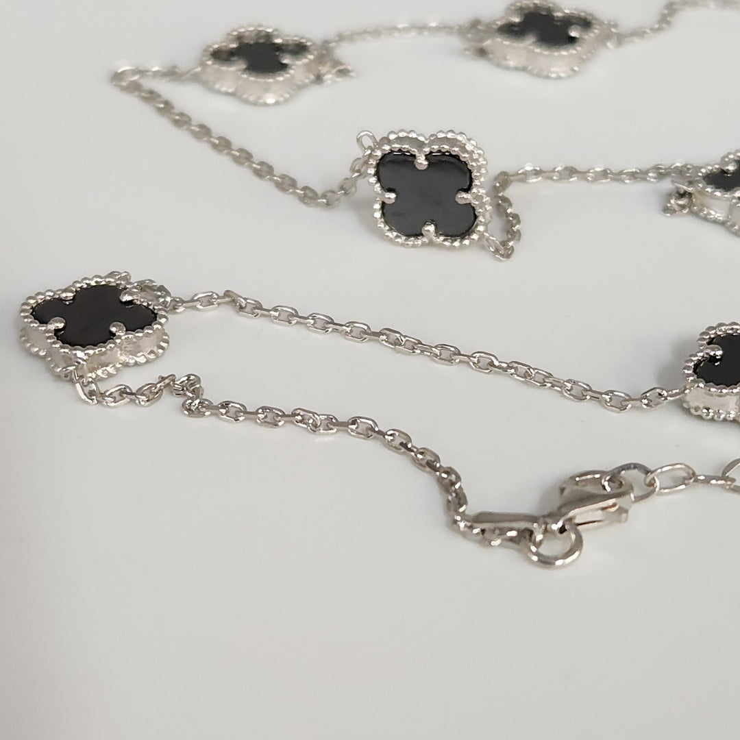 Fashion Silver Onyx Clover Motifs Necklace 22.5"