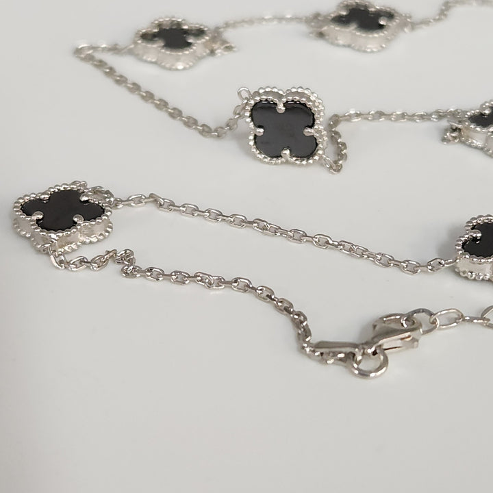 Fashion Silver Onyx Clover Motifs Necklace 22.5"
