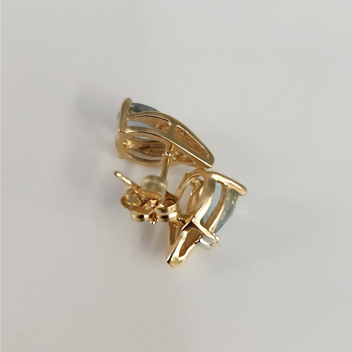 Vintage 14K Gold Natural Aquamarine & Diamond Pear -Cut Stud Earrings